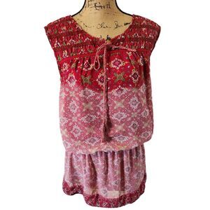 MNG By Mango Dress Womens SZ 6 Boho Drop Waist Smocked Peasant Hippie Tie Close